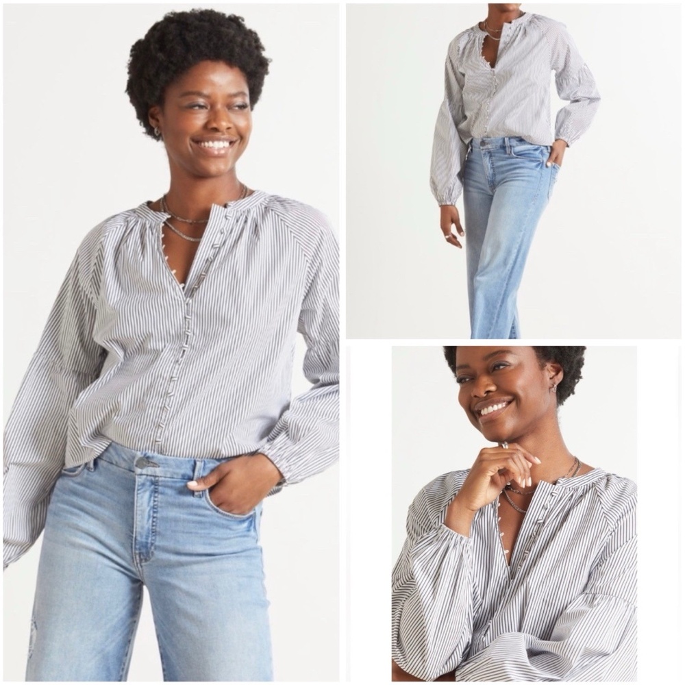 Evereve Size S Sofia Striped Poplin Button Down Top Black White Lantern Sleeve